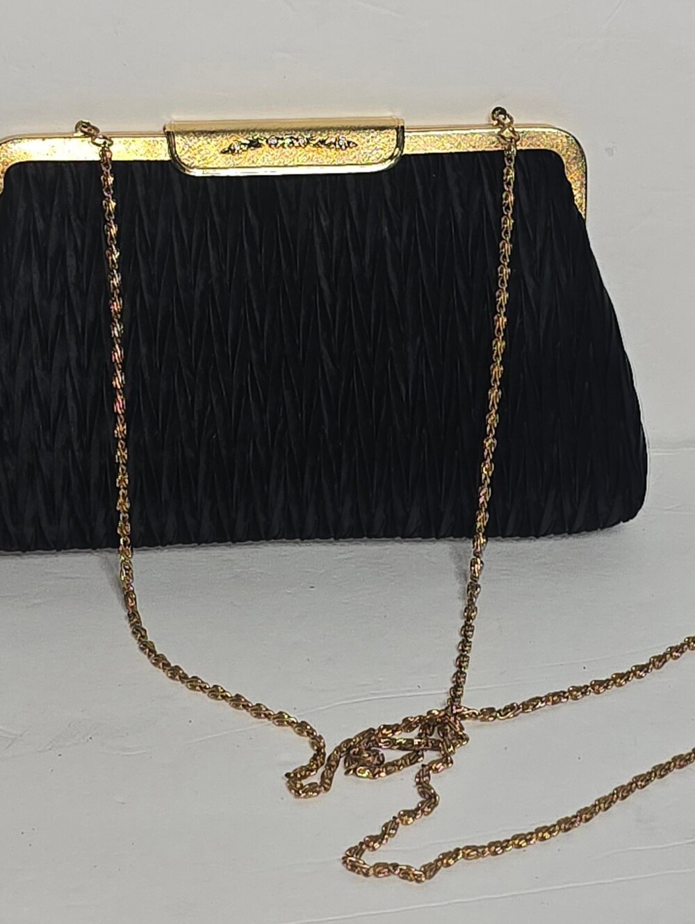 LA REGALE PLEATED SATIN MINI FRAME BAG SMALL BLACK PURSE GOLD CHAIN RHINESTONES